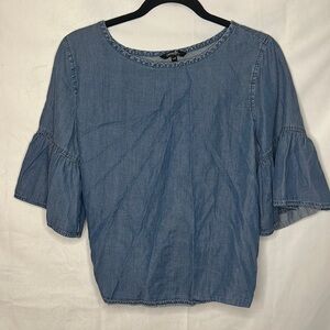 VINTAGE GEORGE RUFFLE SLEEVE OPEN BACK DENIM SHIRT (L)